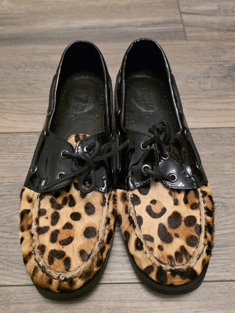 Sebago Leopard Print and Black Patent Driving Moccasins
